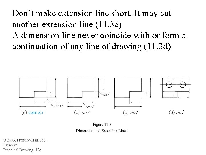 Don’t make extension line short. It may cut another extension line (11. 3 c)