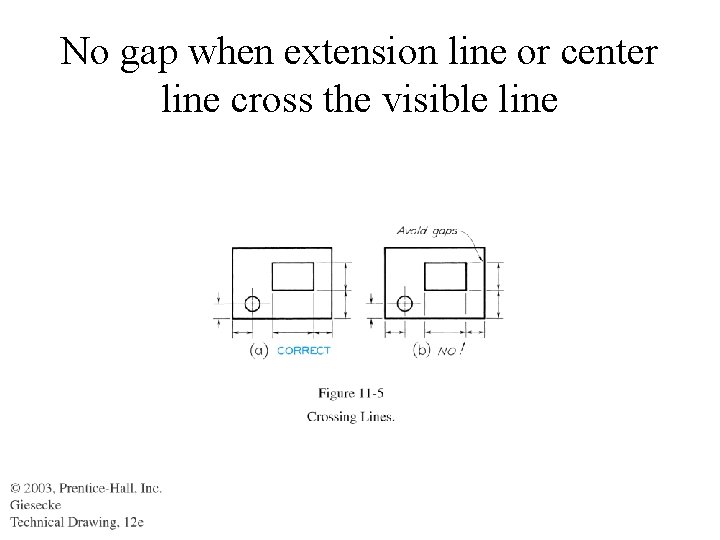 No gap when extension line or center line cross the visible line 