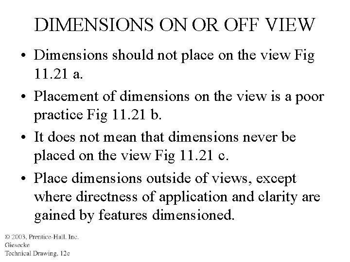 DIMENSIONS ON OR OFF VIEW • Dimensions should not place on the view Fig