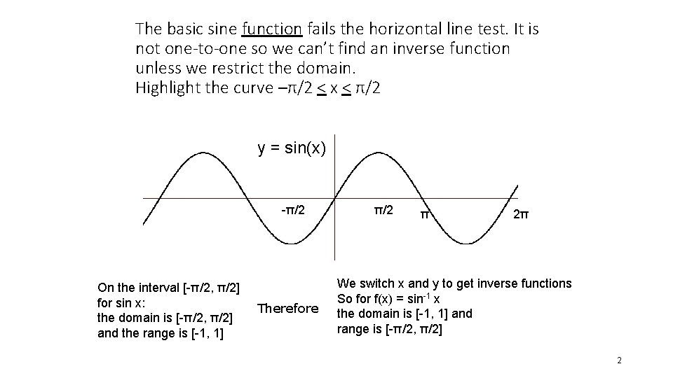 The basic sine function fails the horizontal line test. It is not one-to-one so