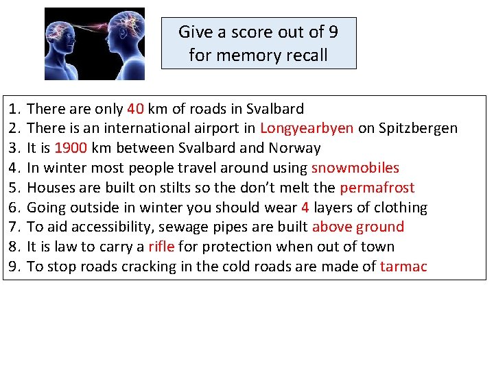 Give a score out of 9 for memory recall 1. 2. 3. 4. 5.