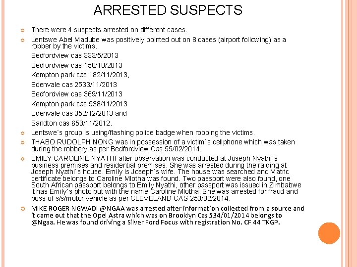ARRESTED SUSPECTS There were 4 suspects arrested on different cases. Lentswe Abel Madube was