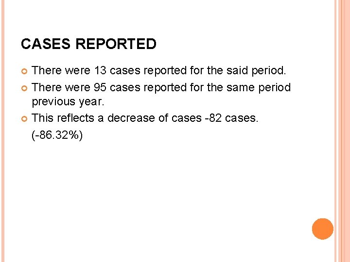 CASES REPORTED There were 13 cases reported for the said period. There were 95