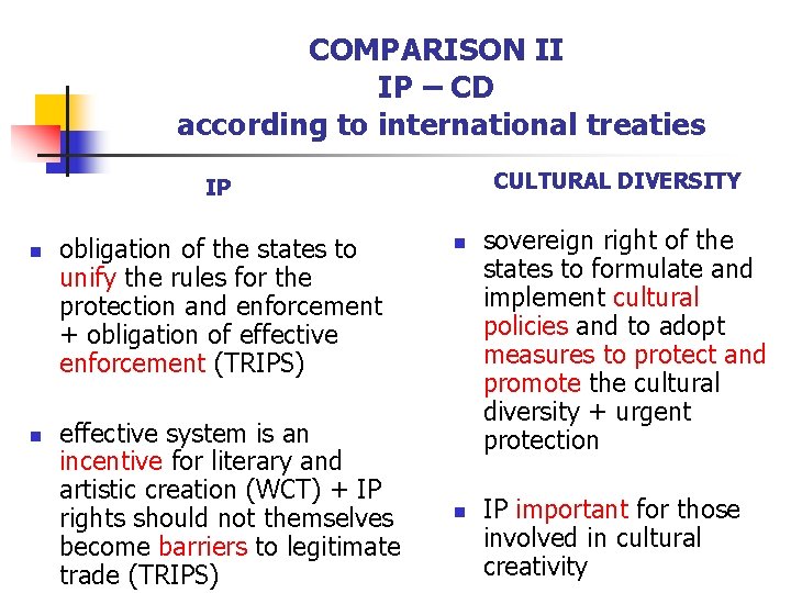 COMPARISON II IP – CD according to international treaties CULTURAL DIVERSITY IP n n