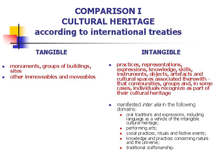 COMPARISON I CULTURAL HERITAGE according to international treaties TANGIBLE n n monuments, groups of