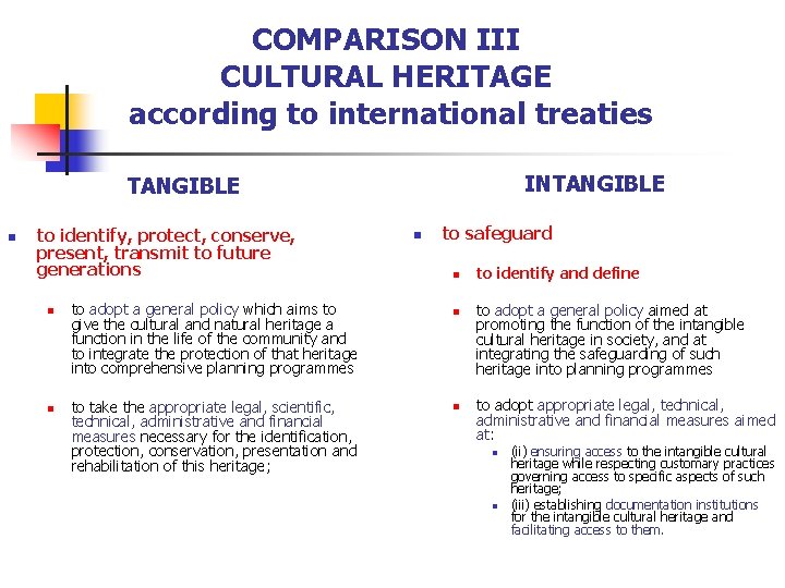 COMPARISON III CULTURAL HERITAGE according to international treaties INTANGIBLE n to identify, protect, conserve,