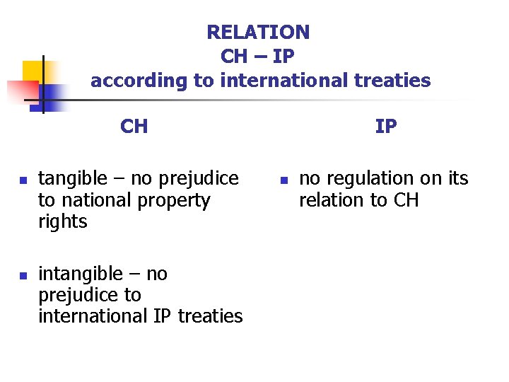 RELATION CH – IP according to international treaties CH n n tangible – no