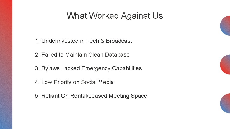 What Worked Against Us 1. Underinvested in Tech & Broadcast 2. Failed to Maintain