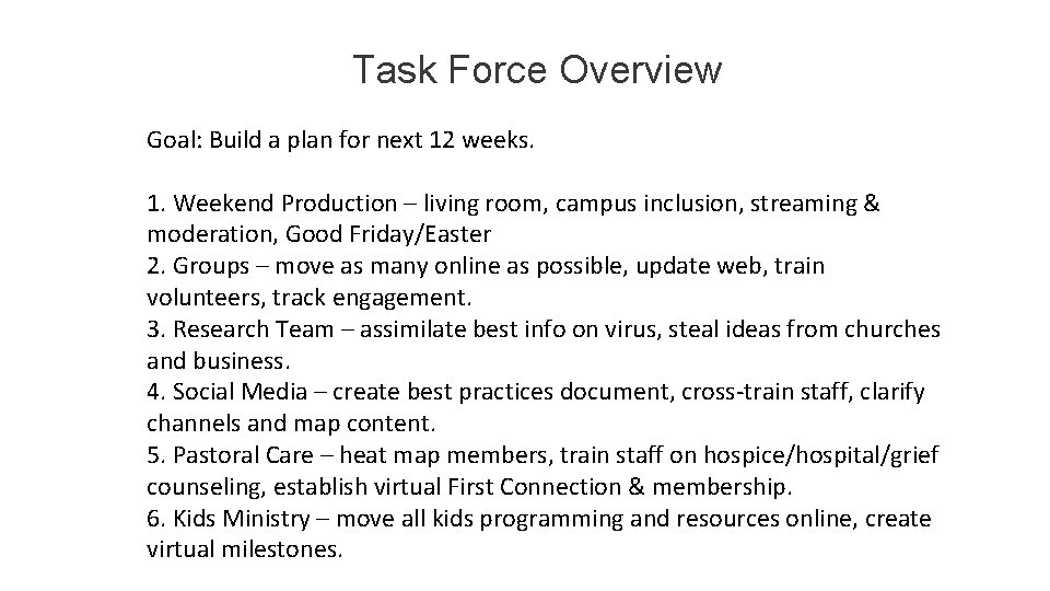 Task Force Overview Goal: Build a plan for next 12 weeks. 1. Weekend Production