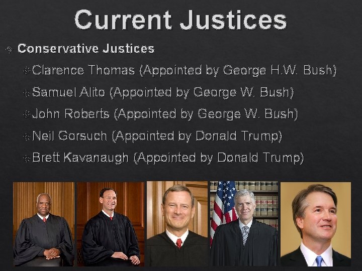 Current Justices Conservative Justices Clarence Samuel John Neil Thomas (Appointed by George H. W.