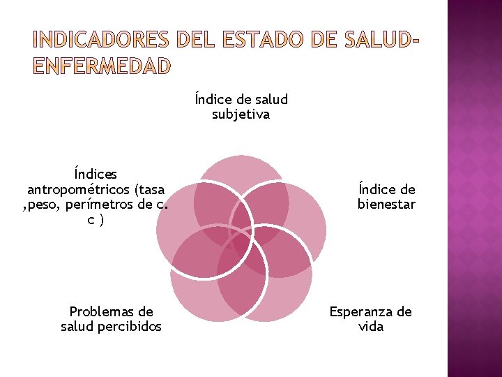 Índice de salud subjetiva Índices antropométricos (tasa , peso, perímetros de c. c) Problemas