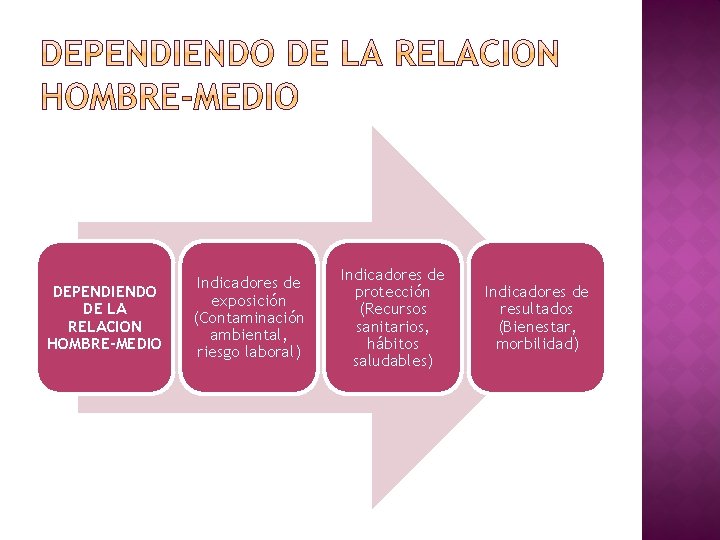 DEPENDIENDO DE LA RELACION HOMBRE-MEDIO Indicadores de exposición (Contaminación ambiental, riesgo laboral) Indicadores de