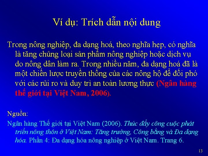 Ví dụ: Trích dẫn nội dung Trong nông nghiệp, đa dạng hoá, theo nghĩa