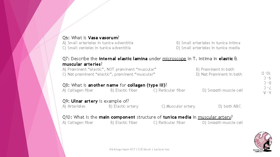 Q 6: What is Vasa vasorum? A) Small arterioles in tunica adventitia C) Small