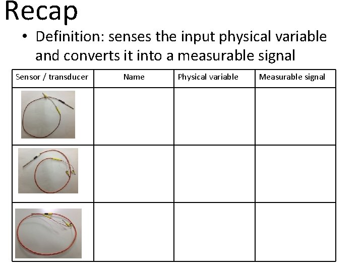 Recap • Definition: senses the input physical variable and converts it into a measurable Recap • Definition: senses the input physical variable and converts it into a measurable