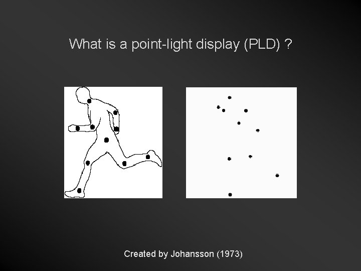 What is a point-light display (PLD) ? Created by Johansson (1973) 