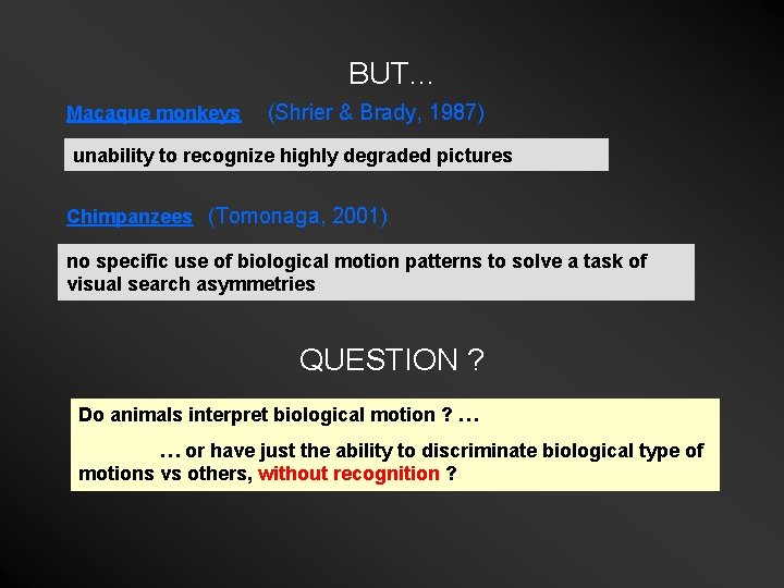 BUT. . . Macaque monkeys (Shrier & Brady, 1987) unability to recognize highly degraded