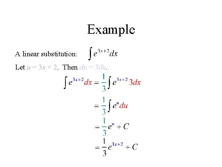 Example A linear substitution: Let u = 3 x + 2. Then du =