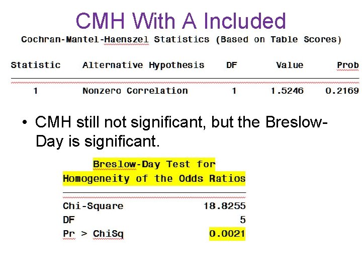 CMH With A Included • CMH still not significant, but the Breslow. Day is
