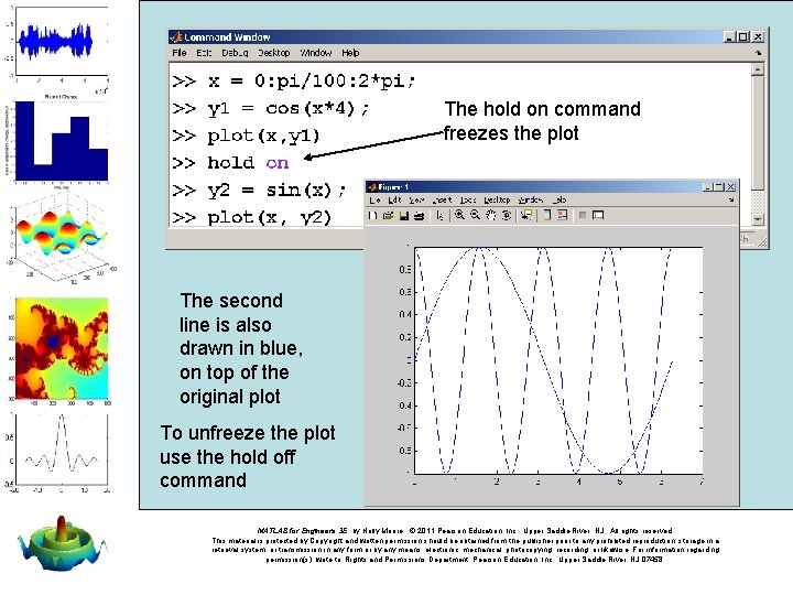 The hold on command freezes the plot The second line is also drawn in