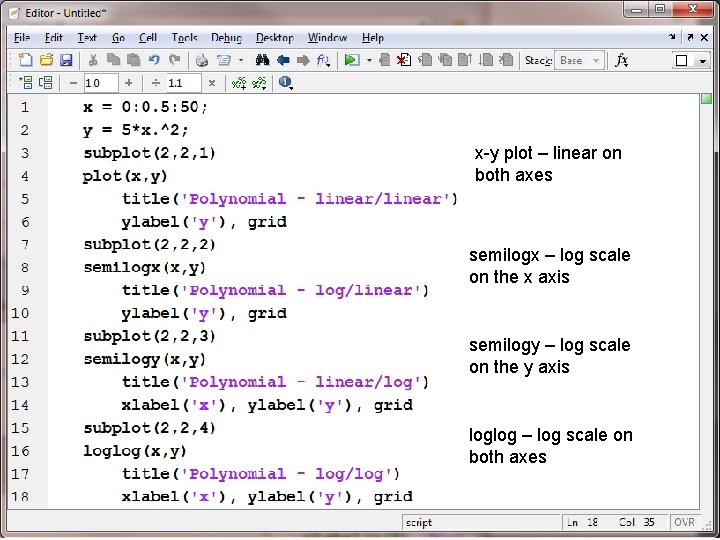 x-y plot – linear on both axes semilogx – log scale on the x