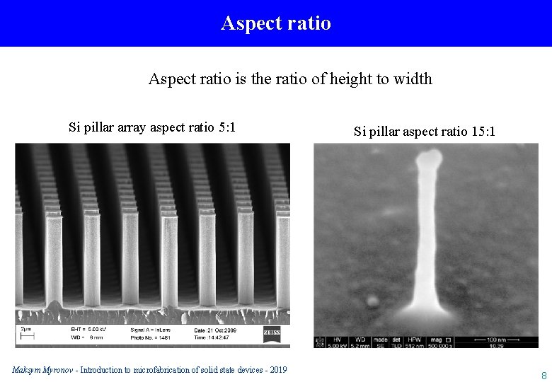 Aspect ratio is the ratio of height to width Si pillar array aspect ratio