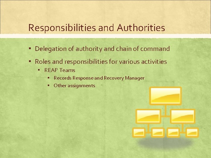 Responsibilities and Authorities ▪ Delegation of authority and chain of command ▪ Roles and