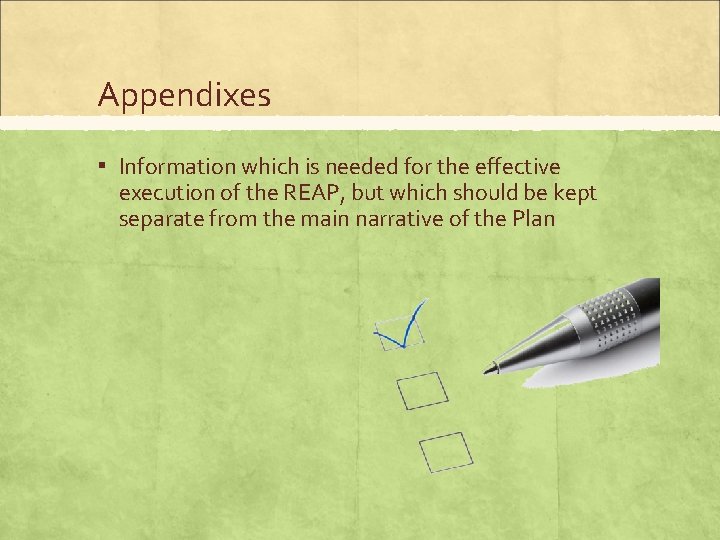 Appendixes ▪ Information which is needed for the effective execution of the REAP, but
