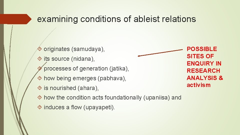 examining conditions of ableist relations originates (samudaya), its source (nidana), processes of generation (jatika),
