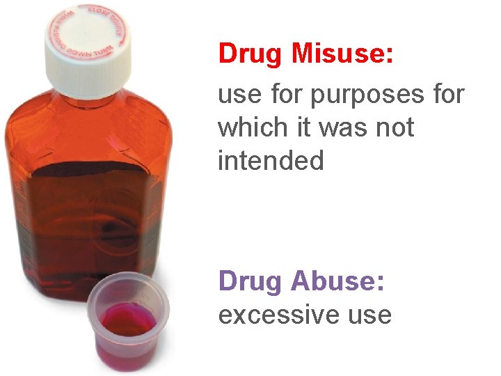 Drug Misuse: use for purposes for which it was not intended Drug Abuse: excessive