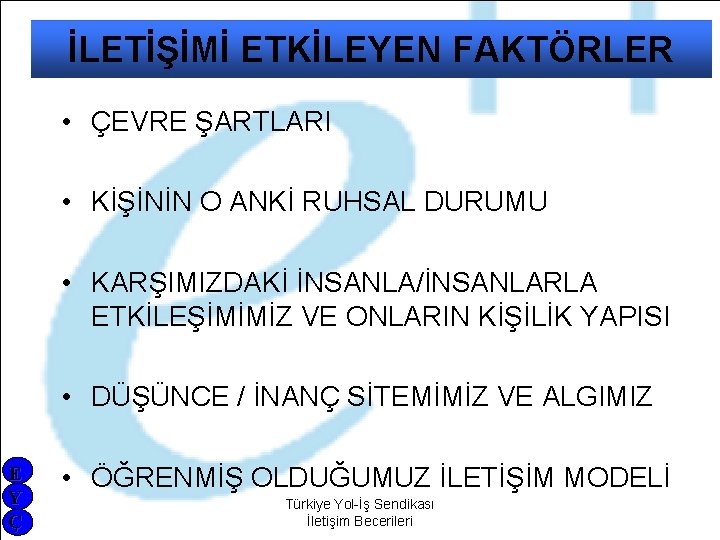 İLETİŞİMİ ETKİLEYEN FAKTÖRLER • ÇEVRE ŞARTLARI • KİŞİNİN O ANKİ RUHSAL DURUMU • KARŞIMIZDAKİ