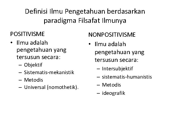 Definisi Ilmu Pengetahuan berdasarkan paradigma Filsafat Ilmunya POSITIVISME • Ilmu adalah pengetahuan yang tersusun