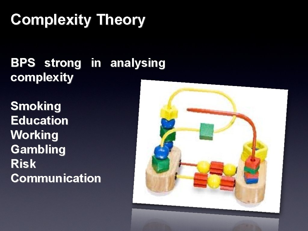 Complexity Theory BPS strong in analysing complexity Smoking Education Working Gambling Risk Communication 