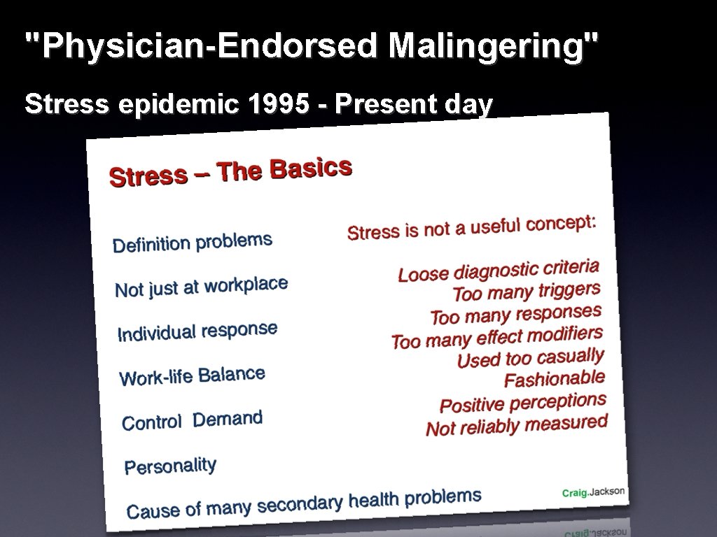 "Physician-Endorsed Malingering" Stress epidemic 1995 - Present day 