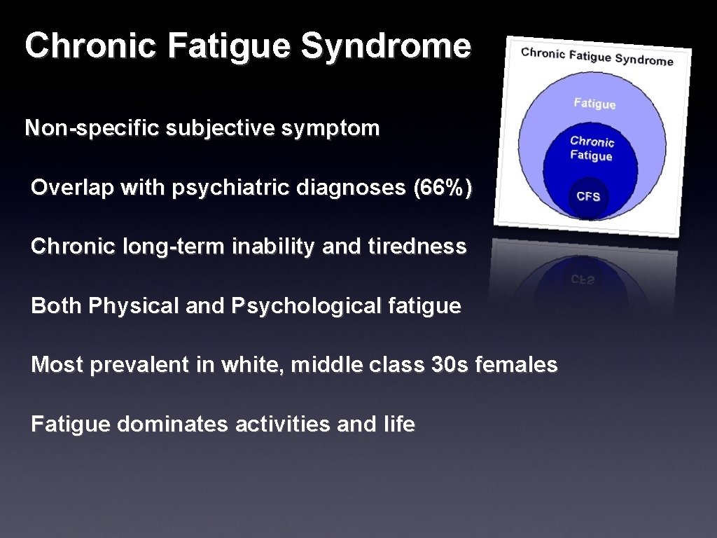 Chronic Fatigue Syndrome Non-specific subjective symptom Overlap with psychiatric diagnoses (66%) Chronic long-term inability