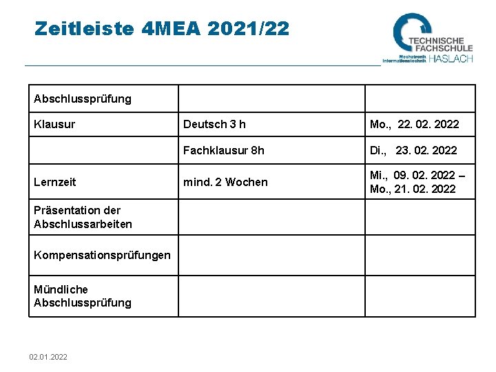 Zeitleiste 4 MEA 2021/22 Abschlussprüfung Klausur Lernzeit Präsentation der Abschlussarbeiten Kompensationsprüfungen Mündliche Abschlussprüfung 02.