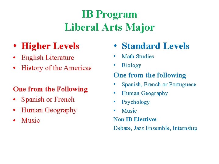 IB Program Liberal Arts Major • Higher Levels • Standard Levels • English Literature IB Program Liberal Arts Major • Higher Levels • Standard Levels • English Literature