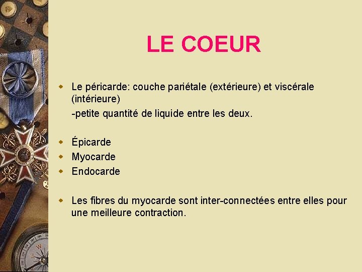 LE COEUR w Le péricarde: couche pariétale (extérieure) et viscérale (intérieure) -petite quantité de