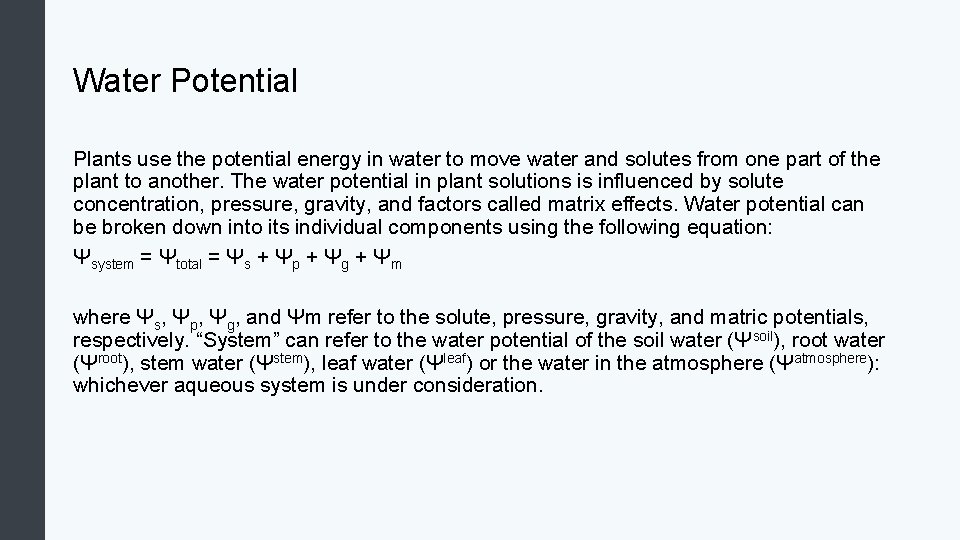 Water Potential Plants use the potential energy in water to move water and solutes