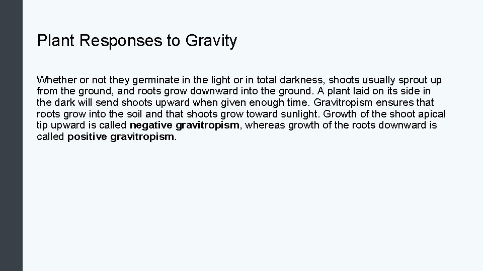 Plant Responses to Gravity Whether or not they germinate in the light or in