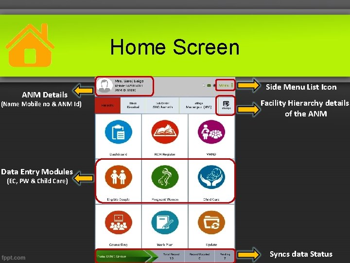 Home Screen ANM Details (Name Mobile no & ANM Id) Side Menu List Icon