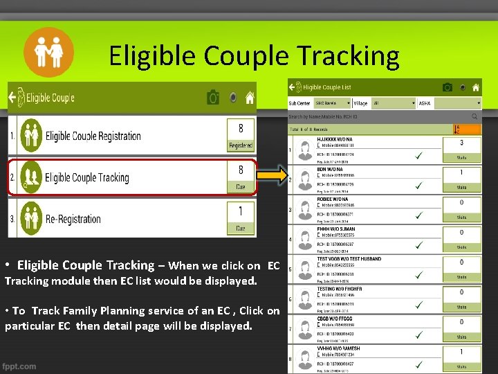 Eligible Couple Tracking • Eligible Couple Tracking – When we click on EC Tracking