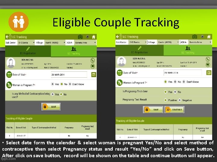 Eligible Couple Tracking • Select date form the calendar & select woman is pregnant