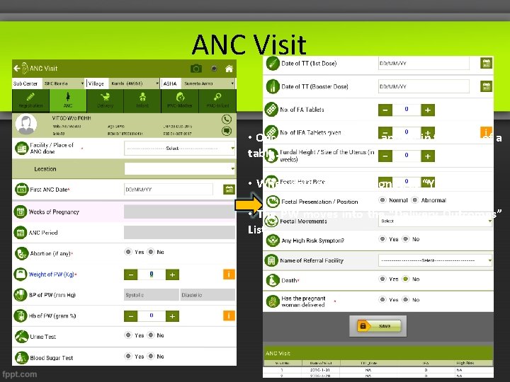 ANC Visit • Once Saved, the details appear in the form of a table.