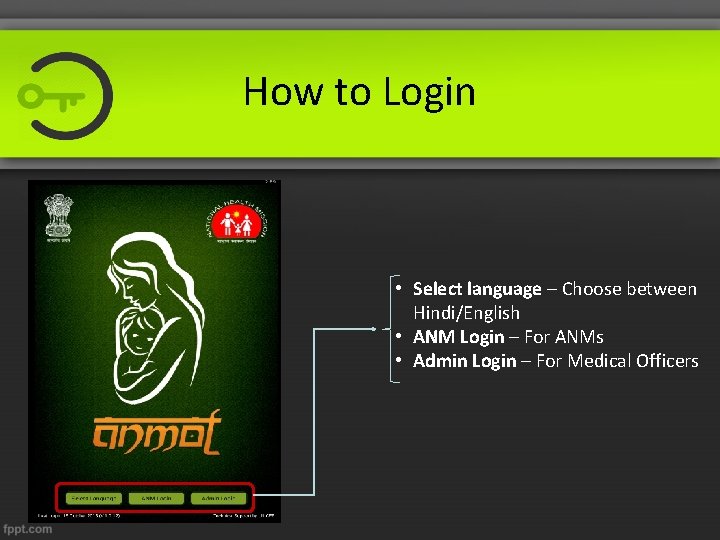 How to Login • Select language – Choose between Hindi/English • ANM Login –