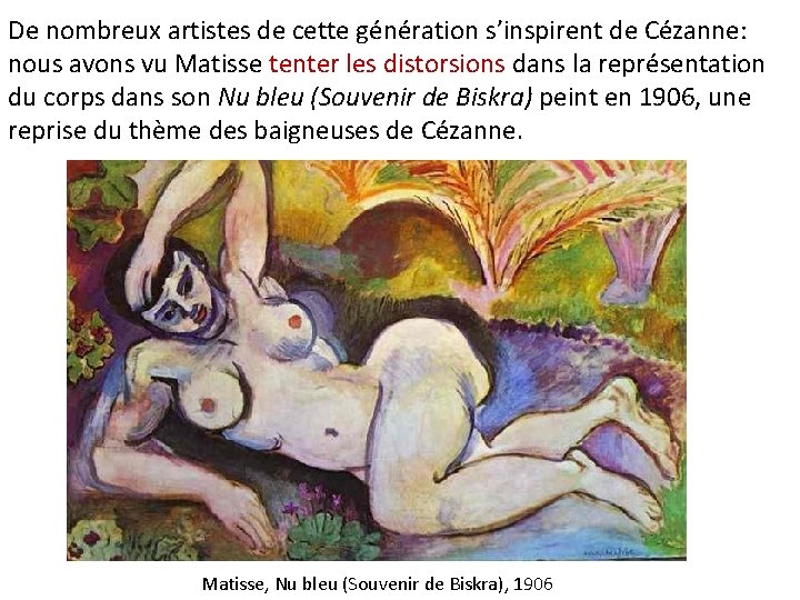 De nombreux artistes de cette génération s’inspirent de Cézanne: nous avons vu Matisse tenter