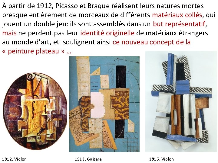 À partir de 1912, Picasso et Braque réalisent leurs natures mortes presque entièrement de