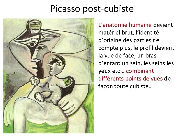 Picasso post-cubiste L’anatomie humaine devient matériel brut, l’identité d’origine des parties ne compte plus,