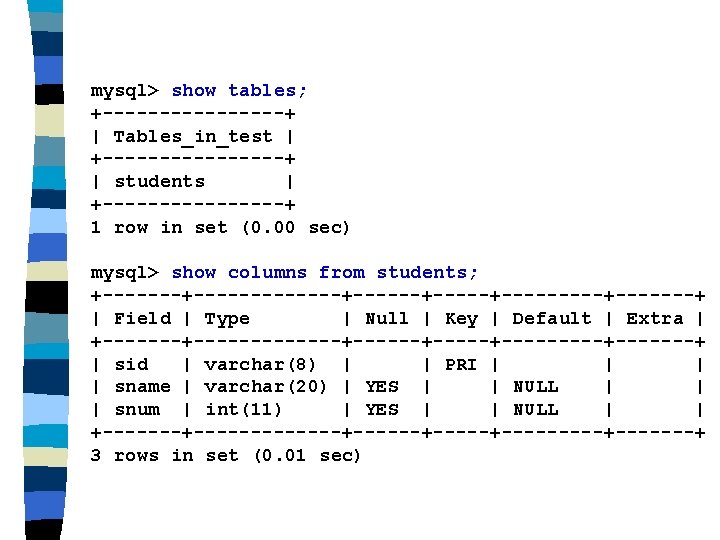 mysql> show tables; +--------+ | Tables_in_test | +--------+ | students | +--------+ 1 row mysql> show tables; +--------+ | Tables_in_test | +--------+ | students | +--------+ 1 row