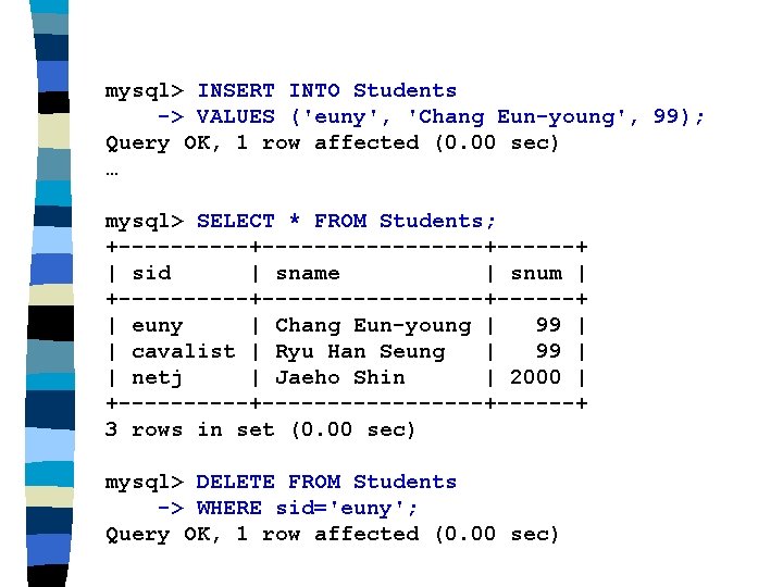 mysql> INSERT INTO Students -> VALUES ('euny', 'Chang Eun-young', 99); Query OK, 1 row